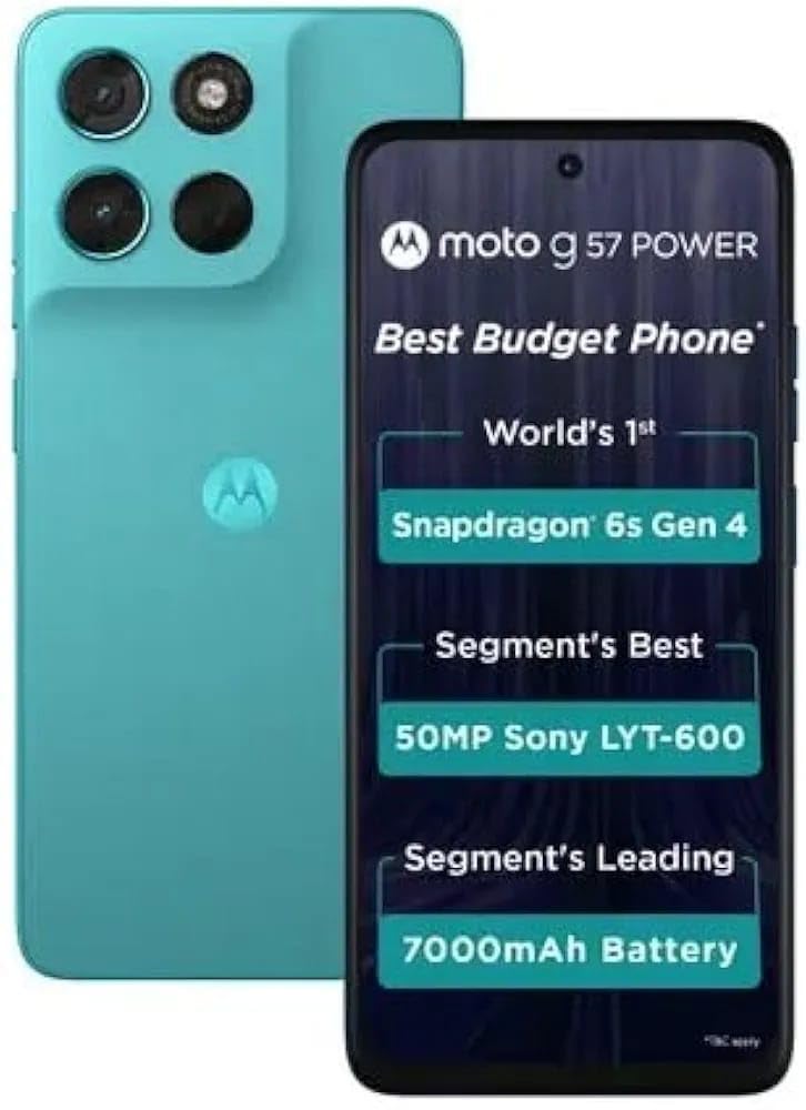 Motorola G57 Power 5G Fluidity colour variant with 6.72 inch FHD+ display, 50MP Sony LYT-600 rear camera, and 7000mAh monster battery.