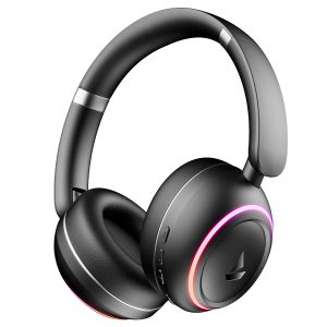 boAt Rockerz 480 wireless over-ear headphones in Black Sabre color, displaying padded earcups with LED lighting and an adjustable headband.