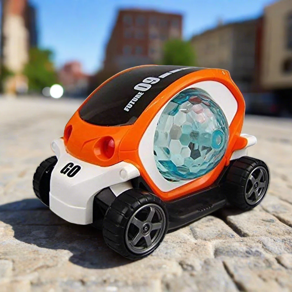 BurgainQuest orange and white 360 degree rotating stunt car toy with crystal disco sphere light and bump and go feature for kids